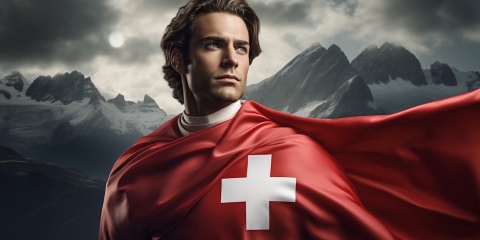 Eine Schweizer Heldenfigur, die stolz auf die Schweizer Geschichte ist, wie von Midjourney KI erdacht